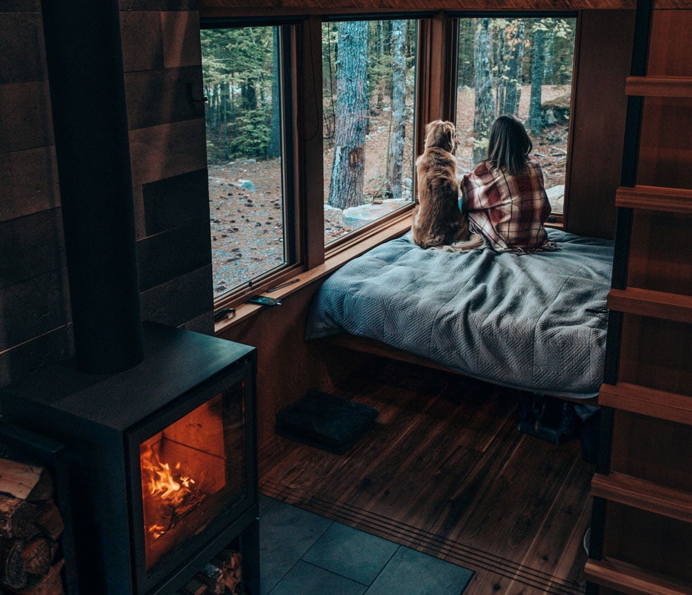 Cozy cabin interior with a woman and her dog by the window A woman and her dog sitting on a bed in a wooden cabin, looking out the window at a forest view, next to a warm fireplace.