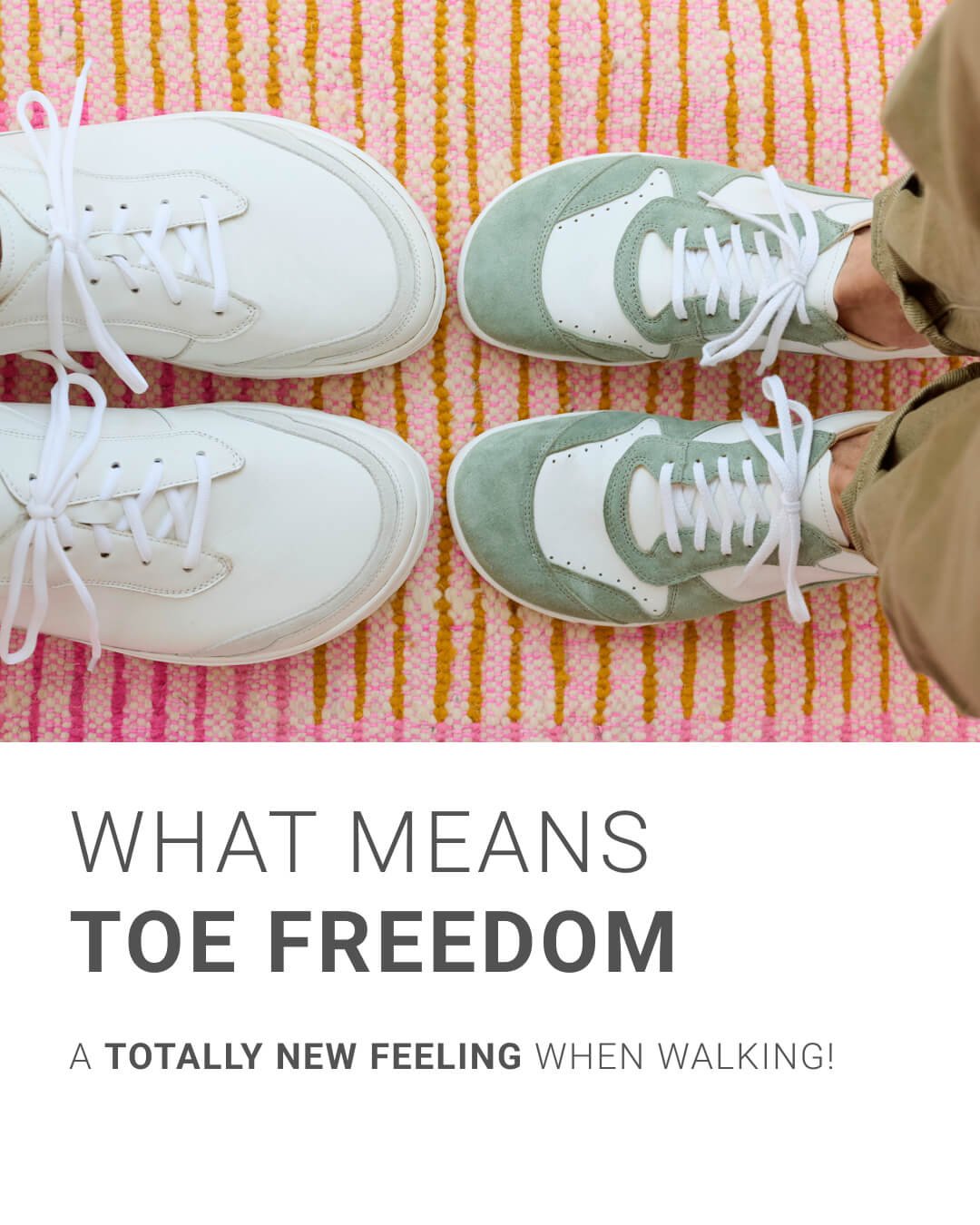 Comfortable Toe Freedom Sneakers Top view of two pairs of shoes, showcasing toe freedom on a colorful rug.