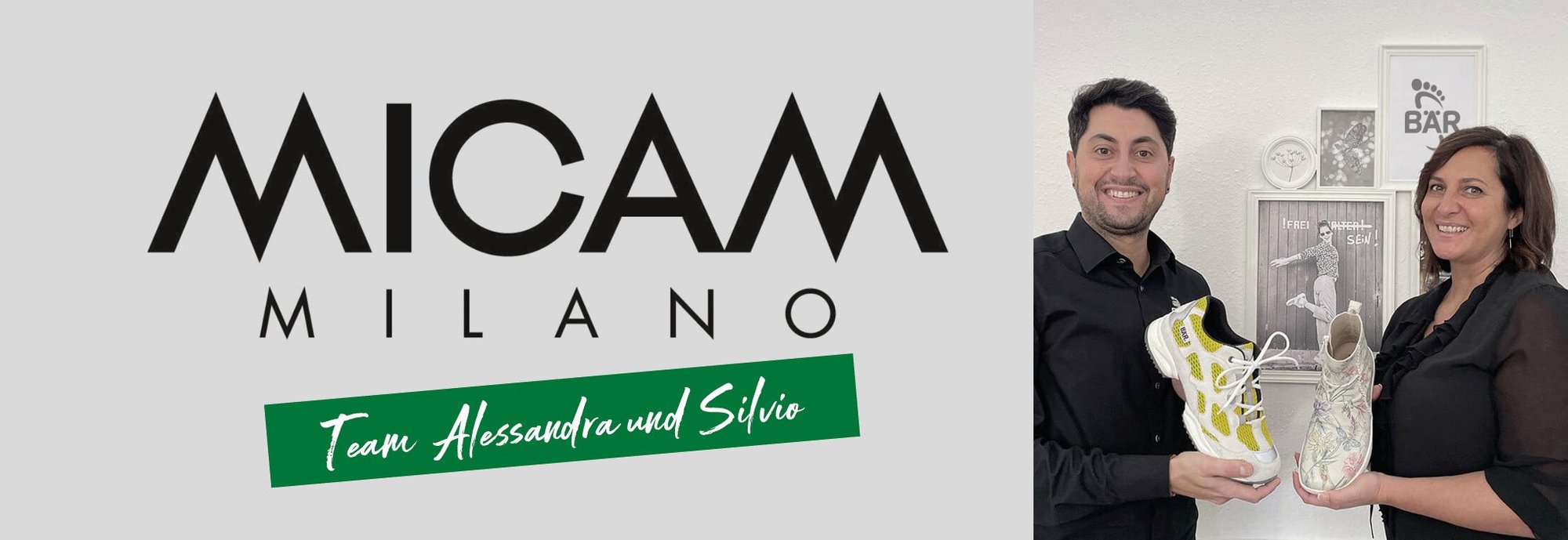 MICAM Milano - Team Alessandra und Silvio präsentiert Schuhe Zwei Personen halten Schuhe, daneben das Logo von MICAM Milano und die Aufschrift 'Team Alessandra und Silvio'