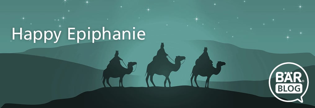 Happy Epiphany Celebration with Three Wise Men Under Starry Sky Silhouette of three wise men on camels under a starry night sky with 'Happy Epiphany' text