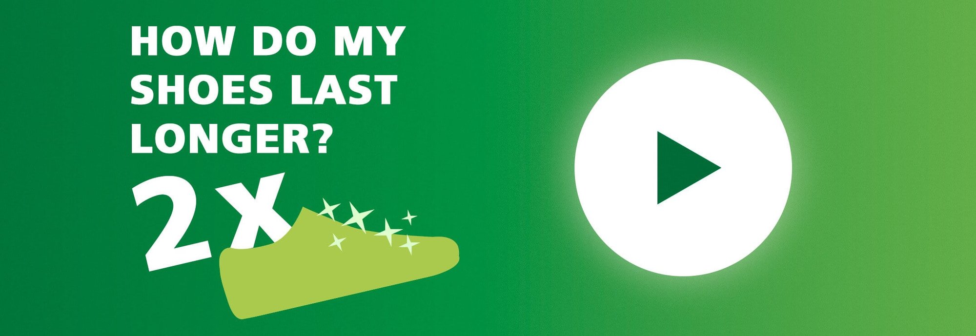 Green graphic with text 'How do my shoes last longer? 2x' and a play button symbol