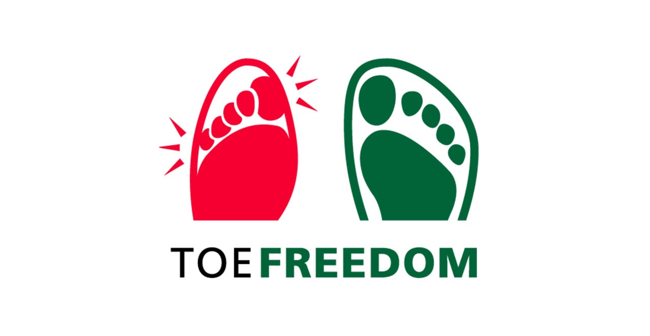 Toe Freedom Logo with Red and Green Footprints Logo showing red and green footprints representing Toe Freedom