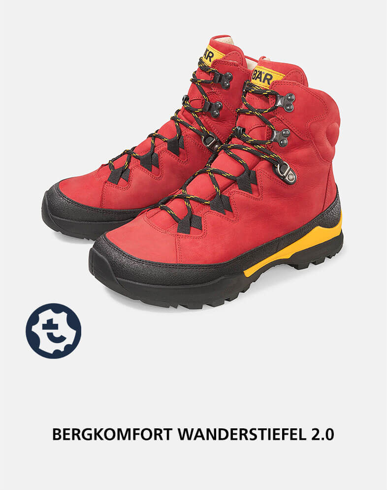 Rote Wanderstiefel Bergkomfort 2.0 für Bergsteigen Bergkomfort Wanderstiefel 2.0 in Rot mit gelben Akzenten für Herren