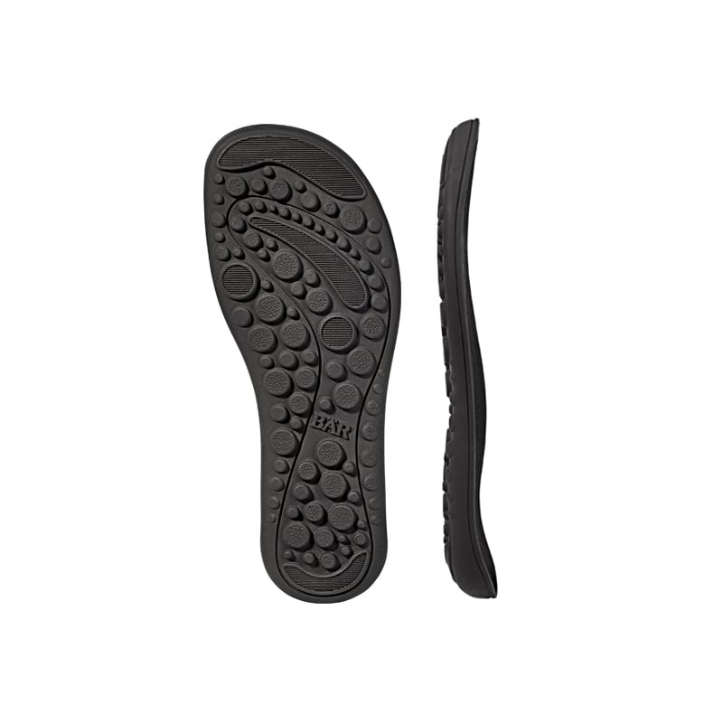 Ergonomische schwarze Schuhsohlen für optimalen Komfort Zwei schwarze Schuhsohlen mit strukturierter Oberfläche für besseren Halt und Komfort