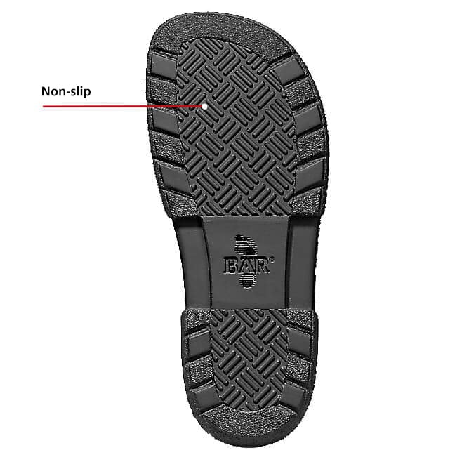 Non-Slip Black Shoe Sole with Patterned Grip Image of a black shoe sole with a non-slip, patterned grip ensuring secure traction.