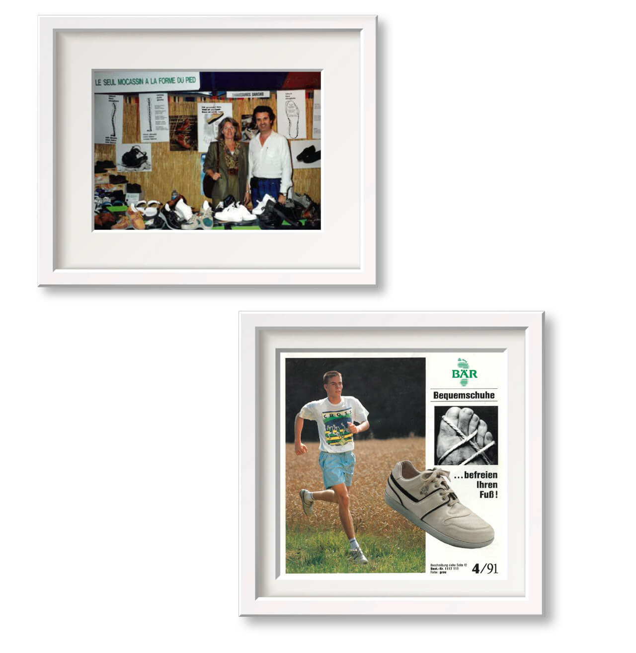 Two framed images: one of a man and woman at a shoe exhibition, and another of a running shoe advertisement with a man jogging.