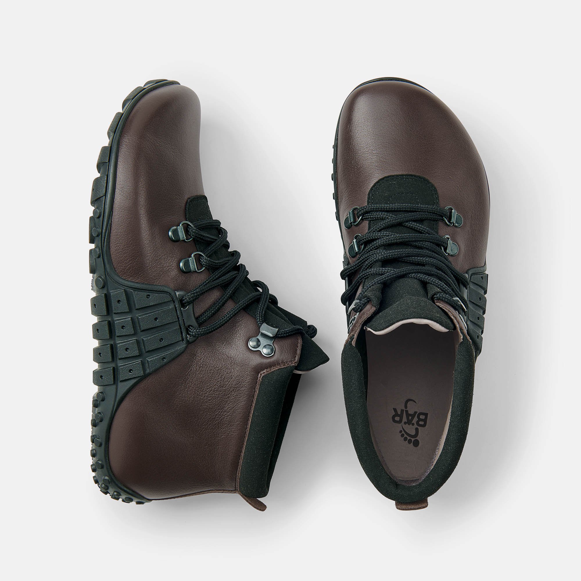 BÄR Schuhe Unisexschuhe Mountain Barefoot in dunkelbraun aus Rindnappaleder genarbt - Anlass: Wanderschuhe (Ansicht von oben) BÄR Schuhe Unisexschuhe Wanderschuhe Mountain Barefoot dunkelbraun Rindnappaleder genarbt Ansicht von oben