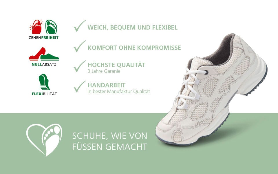 Abbildung eines bequemen Freizeitschuhs mit Qualitätsmerkmalen wie Zehenfreiheit, Nullabsatz, Flexibilität, Komfort, Handarbeit und 3 Jahre Garantie