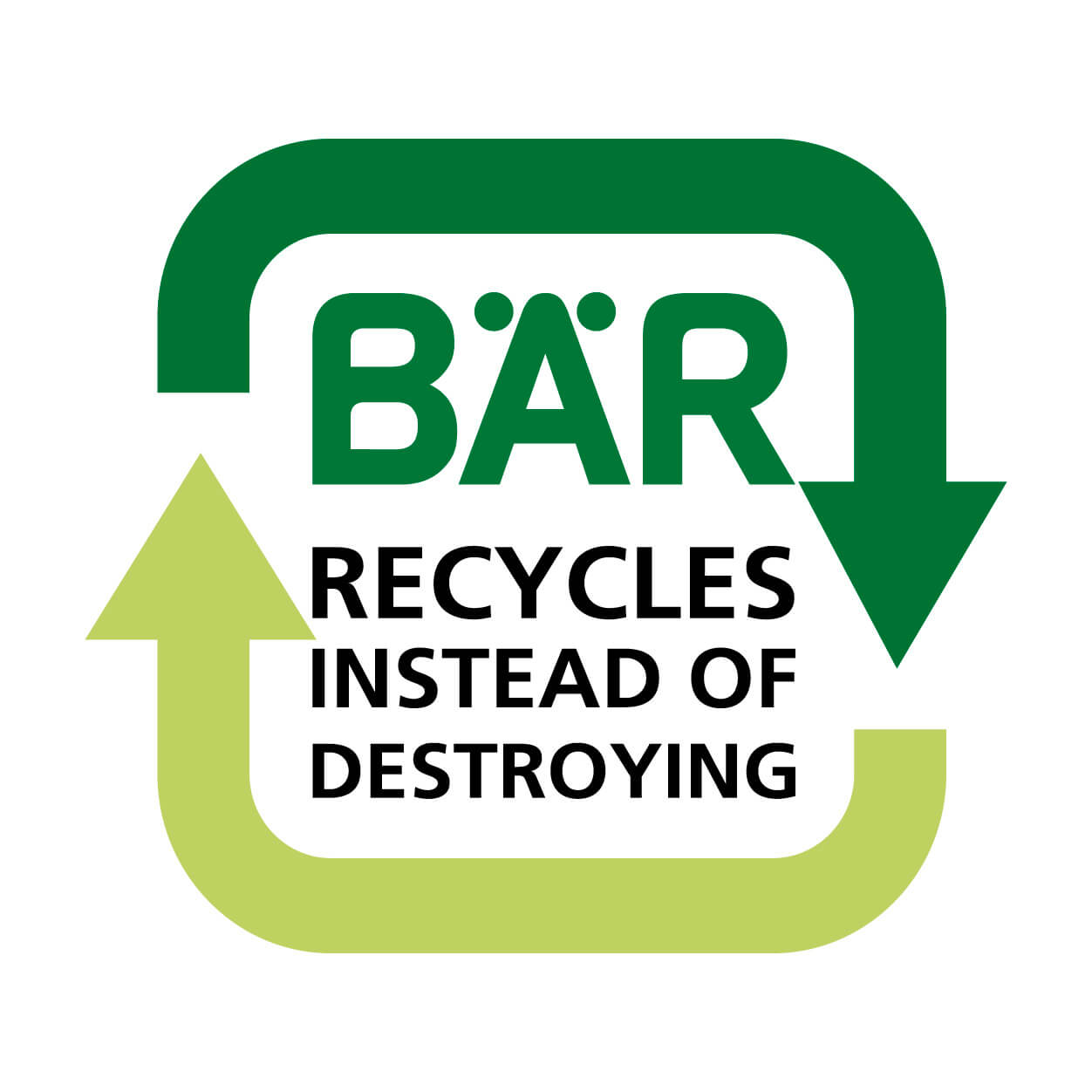 BÄR Recycles Instead of Destroying Logo Logo of BÄR with a green recycling symbol and the slogan 'Recycles Instead of Destroying'.