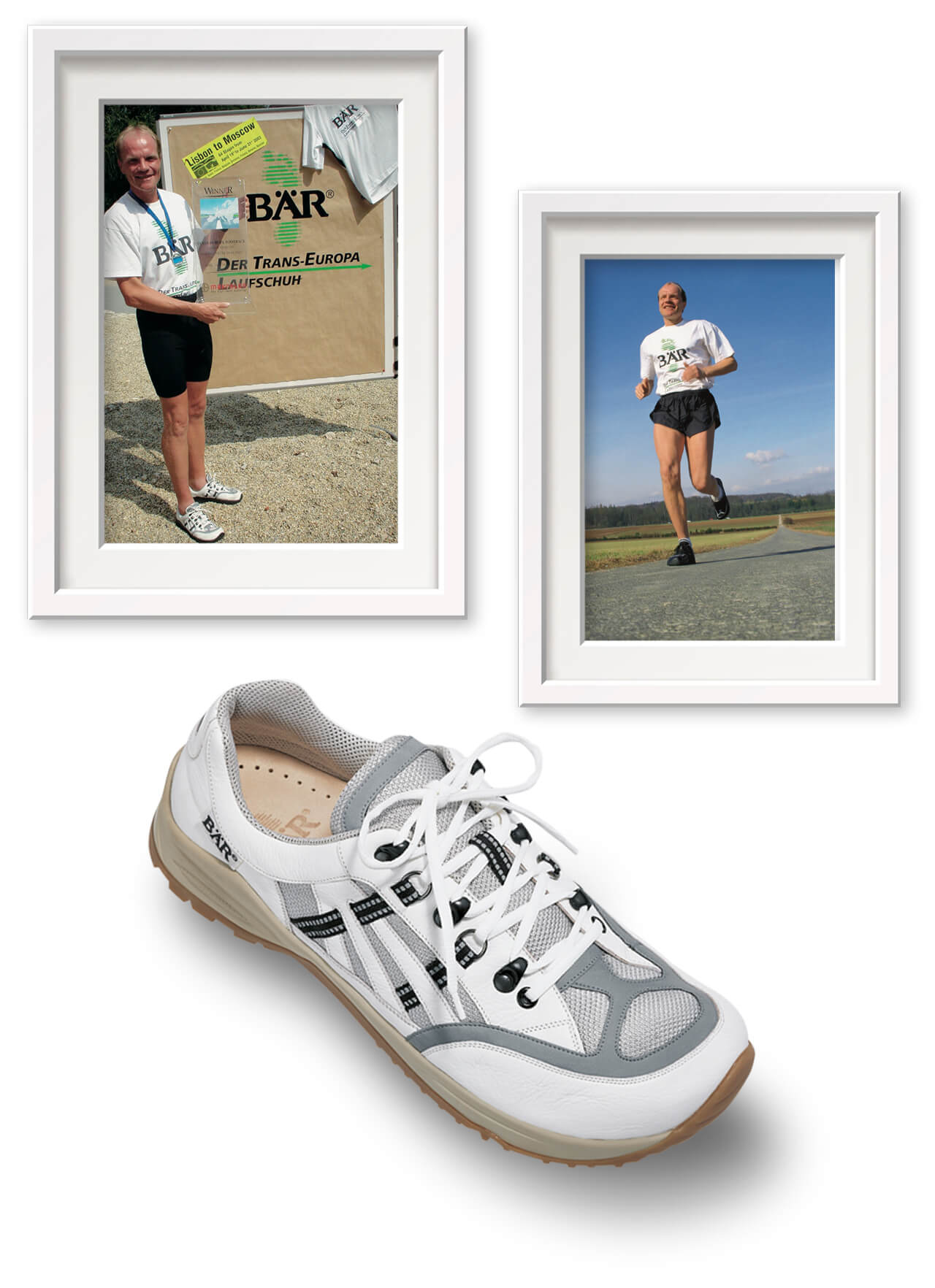 White and gray BÄR running shoe with black accents, displayed in front of framed photos of an athlete standing and running.