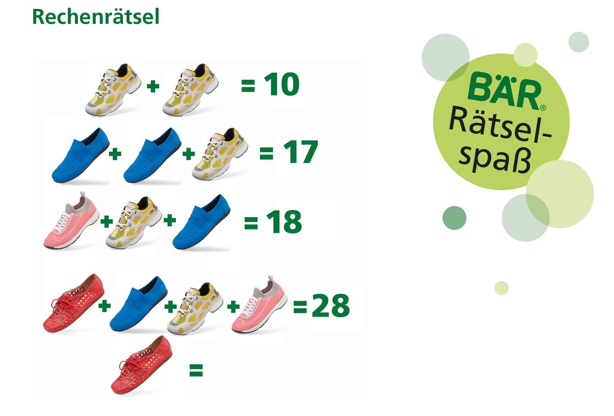 Schuh-Rätselspaß: Rechne das Ergebnis aus! Ein Rechenrätsel mit verschiedenen Schuhen und Gleichungen, um das fehlende Ergebnis zu finden.