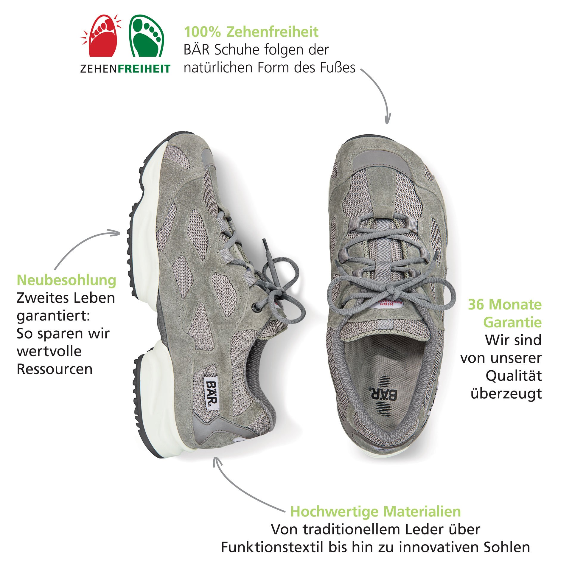 Comfortable BÄR Shoes with Toe Freedom and Durability Pair of grey BÄR shoes emphasizing toe freedom, high-quality materials, 36-month warranty, and re-soling feature for sustainability.
