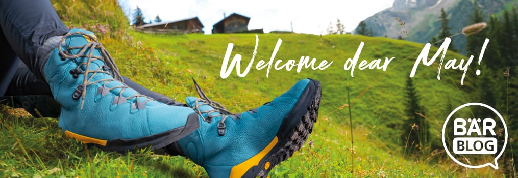 Comfortable Hiking Boots in Scenic Mountain Setting Person wearing blue hiking boots relaxing in a lush green mountain landscape.