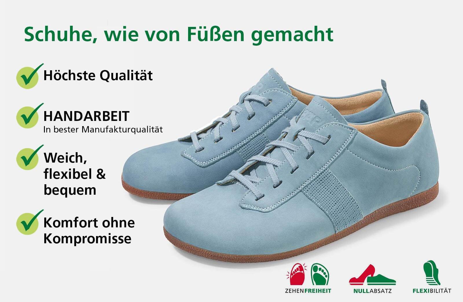 Bequeme handgefertigte Schuhe aus hochwertigem Material Ein Paar hellblaue Lederschuhe, handgefertigt, flexibel und komfortabel, mit Schlagworten wie höchste Qualität, Weichheit und Komfort ohne Kompromisse.