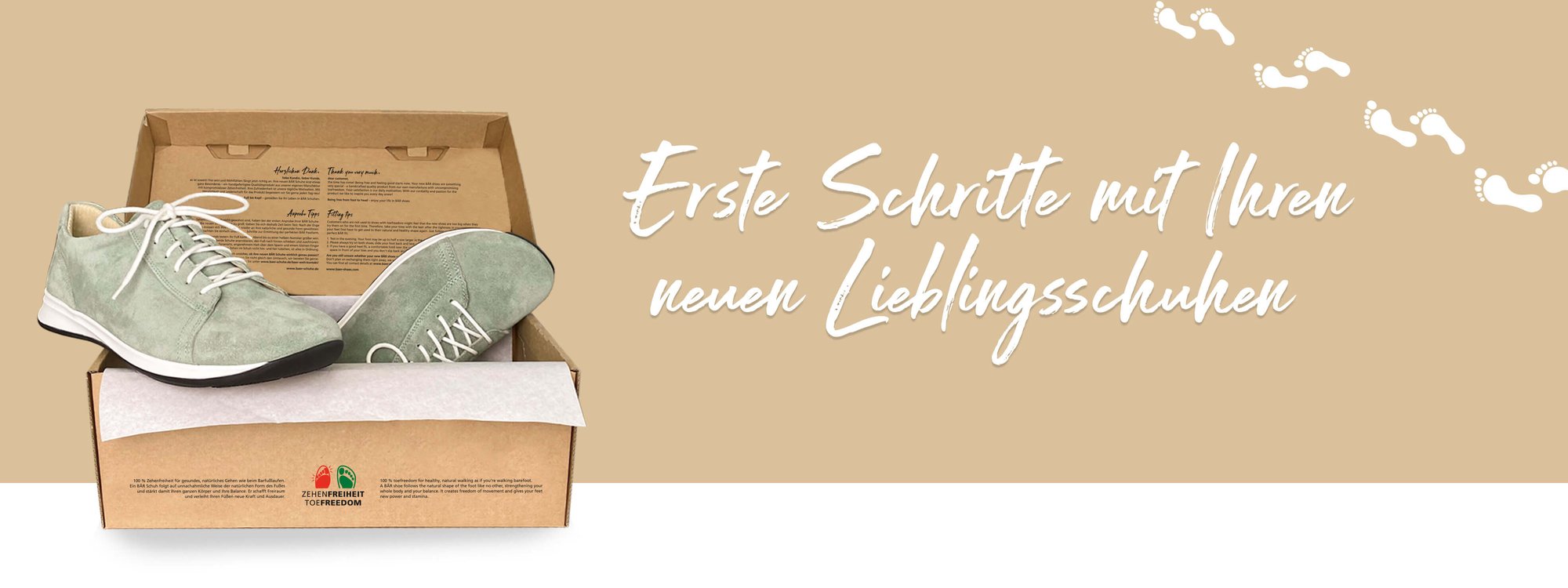 Open shoe box with stylish, sage green sneakers on a beige background, text reads 'First Steps with Your New Favorite Shoes'
