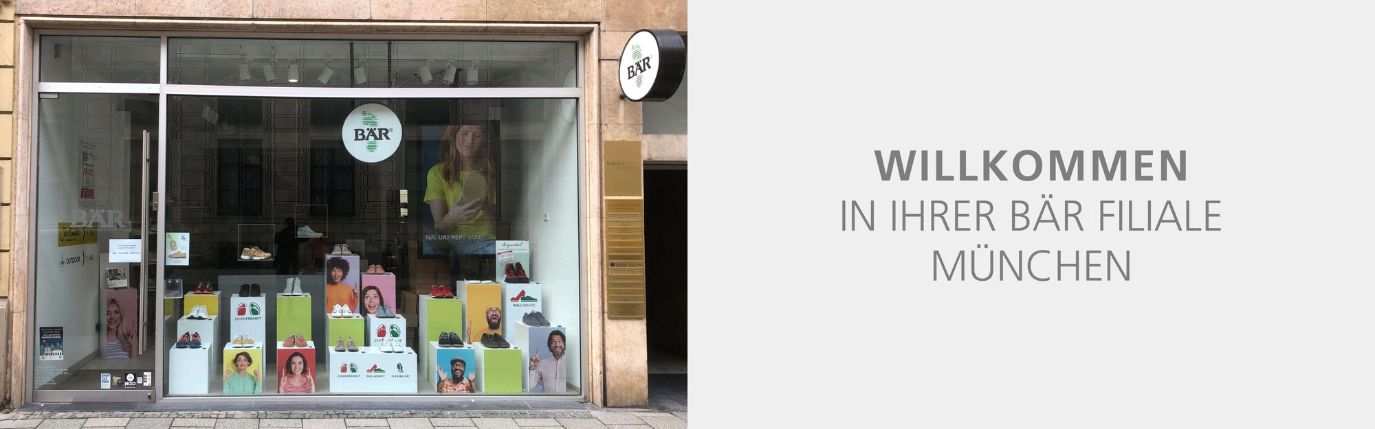 BÄR Filiale München - Moderne Schaufensterauslage mit Schuhkollektion Schaufenster der BÄR Filiale in München mit diversen Schuhmodellen und Werbeplakaten