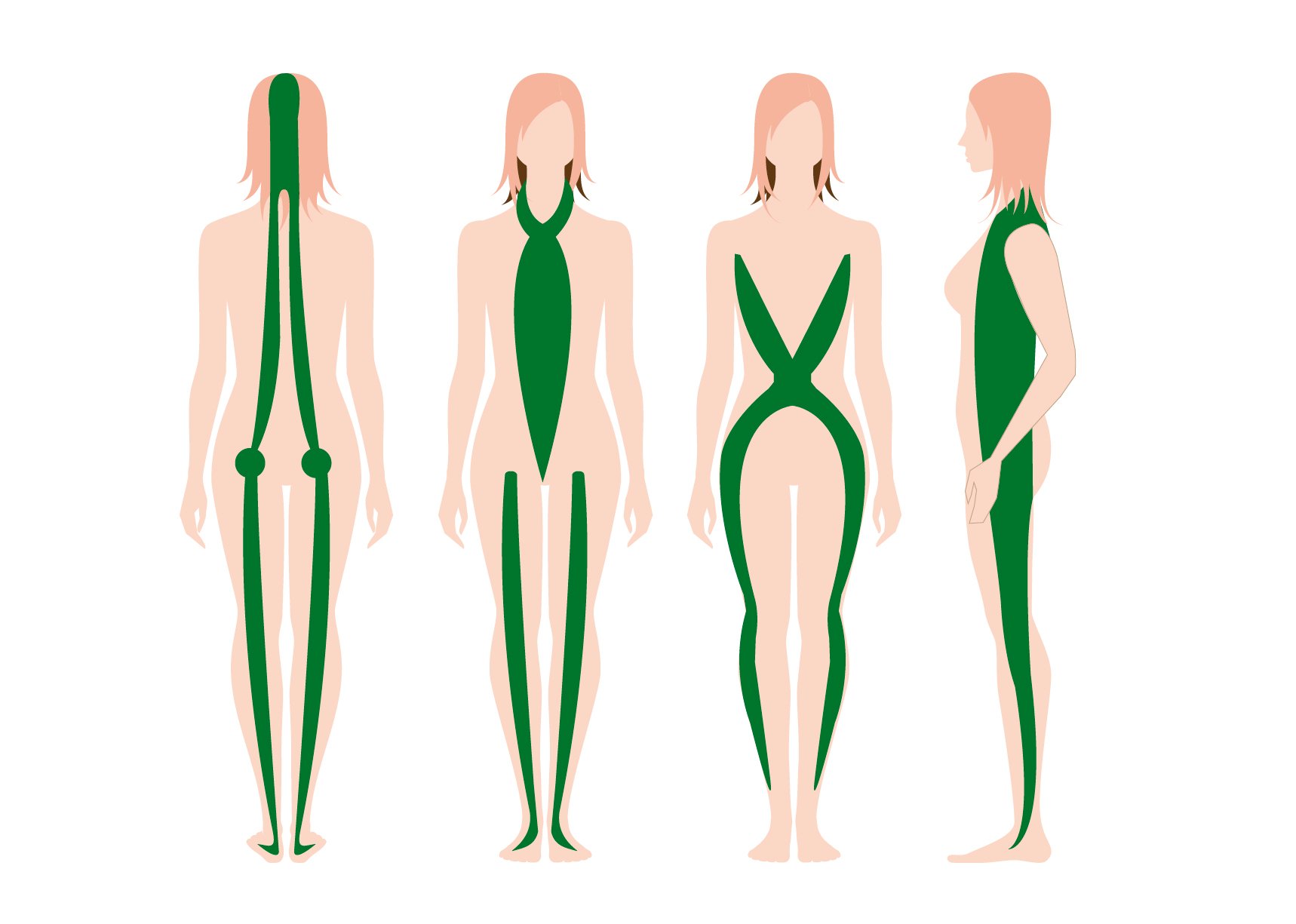 Illustration von Körperbereichen in vier Ansichten Grafik zeigt eine weibliche Figur mit markierten Bereichen von vorne, hinten und seitlich.
