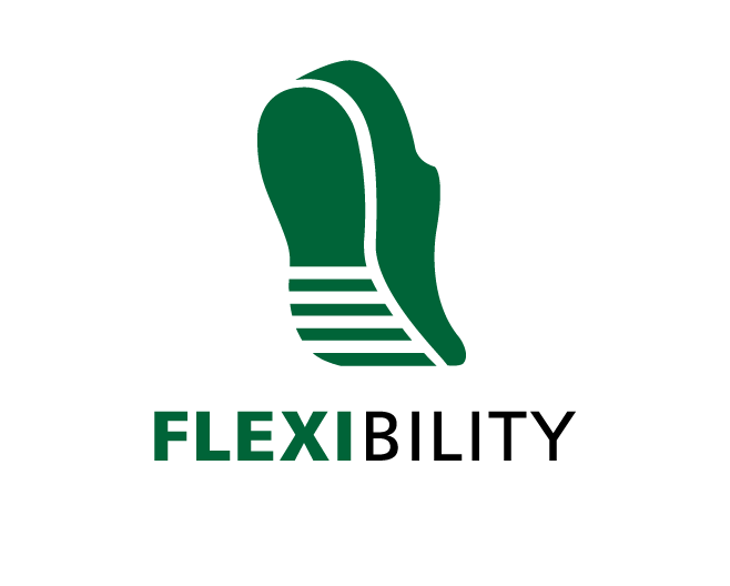 Green Footprint Logo with 'Flexibility' Text Logo featuring a stylized green footprint and the word 'Flexibility' in bold letters