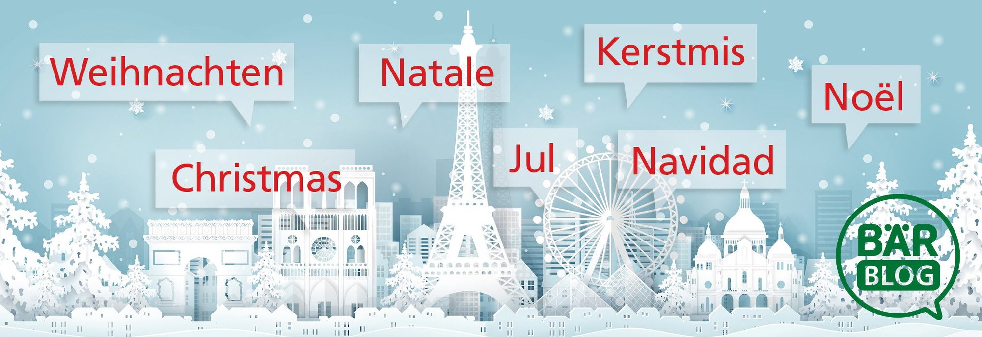 Weihnachten weltweit: Verschiedene Sprachen der Feiertage Verschneite Stadtlandschaft mit Weihnachtsbegriffen in verschiedenen Sprachen: Weihnachten, Natale, Kerstmis, Noël, Christmas, Jul, Navidad.