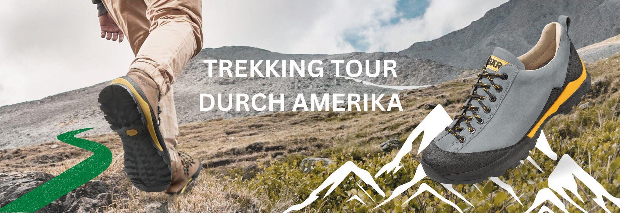 Trekking-Schuhe für abenteuerliche Touren in Amerika Person beim Trekking in bergiger Landschaft mit robusten Trekking-Schuhen, Text: Trekking Tour durch Amerika
