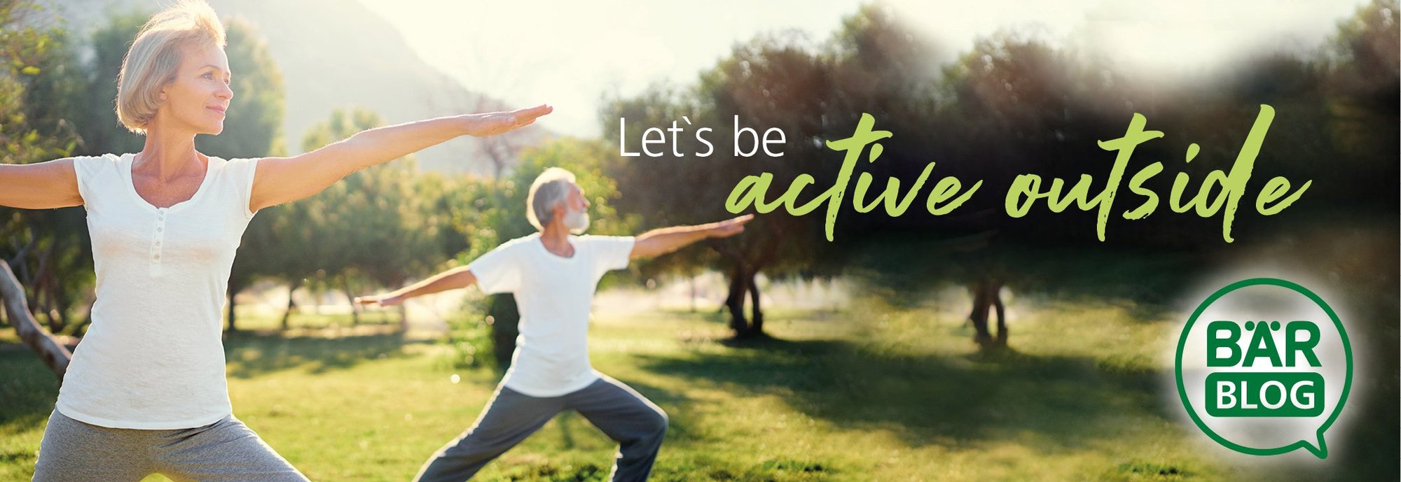 Outdoor Exercise with BÄR Blog Two people practicing yoga outside with 'Let's be active outside' text and BÄR Blog logo.