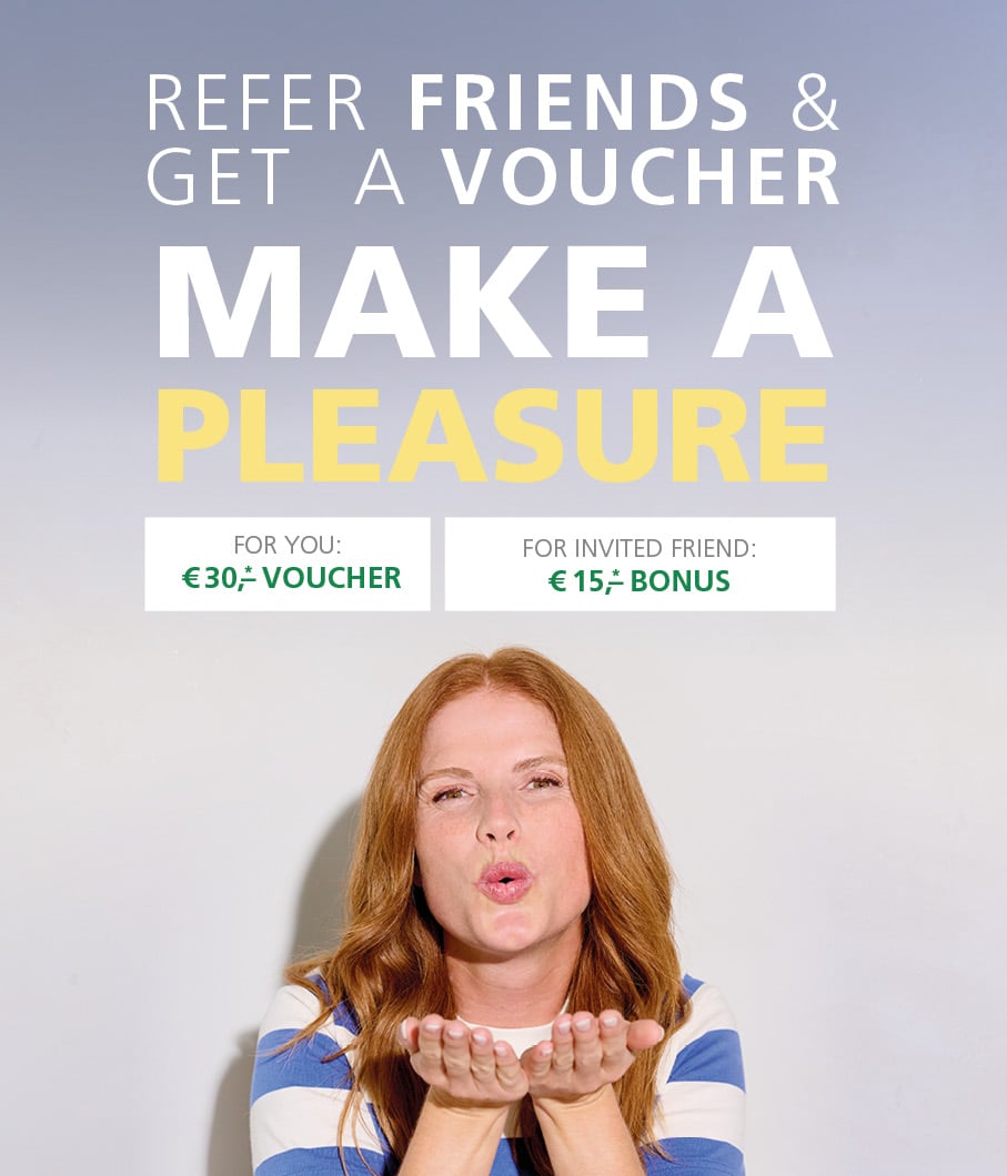 Refer Friends & Get a Voucher - Make a Pleasure Woman blowing a kiss with text offering a €30 voucher for each friend referred and a €15 bonus for the friend.