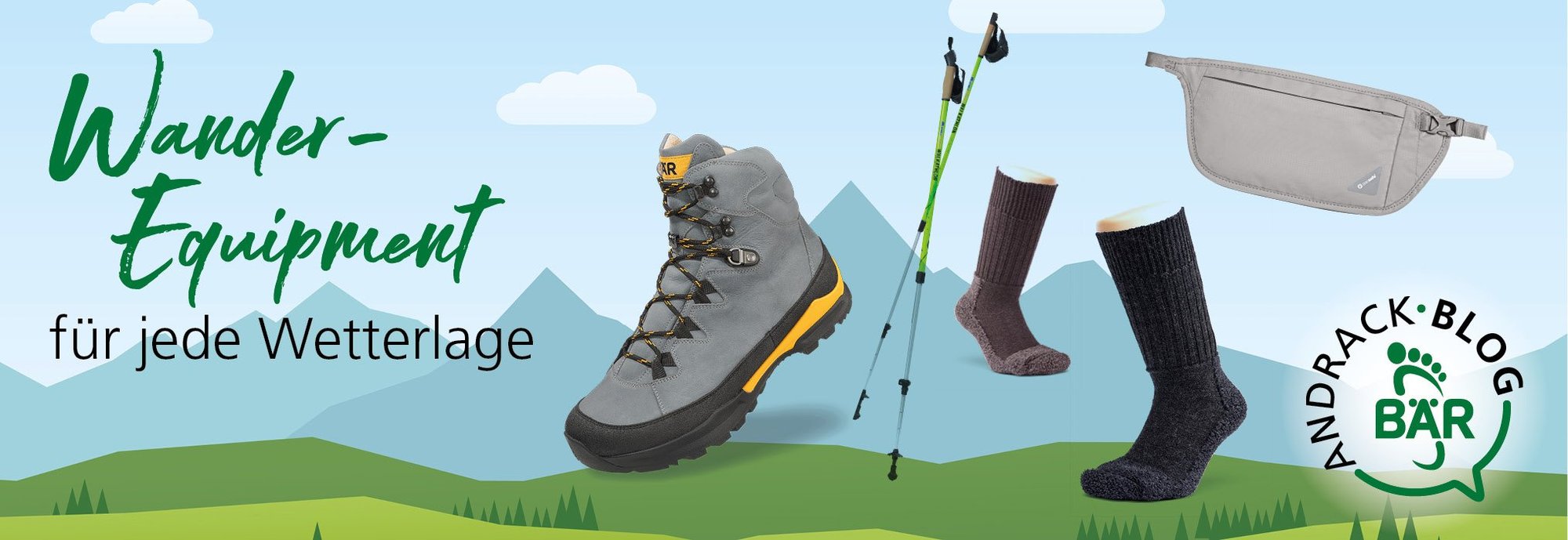 Wanderausrüstung für jedes Wetter - Stiefel, Trekkingstöcke, Socken und Hüfttasche Wanderausrüstung mit grauen Stiefeln, grünen Trekkingstöcken, warmen Socken und grauer Hüfttasche vor Bergkulisse