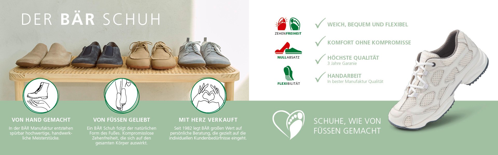 Verschiedene BÄR Schuhe auf einer Bank mit Fokus auf Komfort, Handarbeit und Qualität.