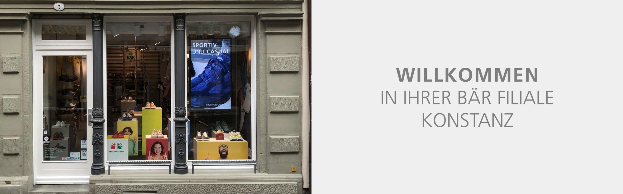 Storefront of Bär Footwear in Konstanz Entrance of Bär Footwear store in Konstanz featuring a window display with shoes and a welcome sign.