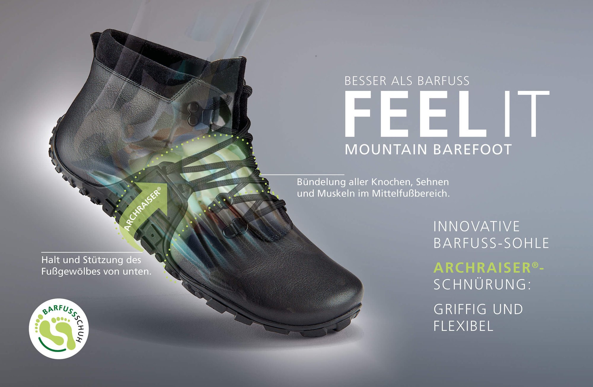 Mountain Barefoot Schuh mit innovativer Archraiser-Schnürung Schwarzer Mountain Barefoot Schuh mit innovativer Archraiser-Schnürung und flexibler Barfuß-Sohle