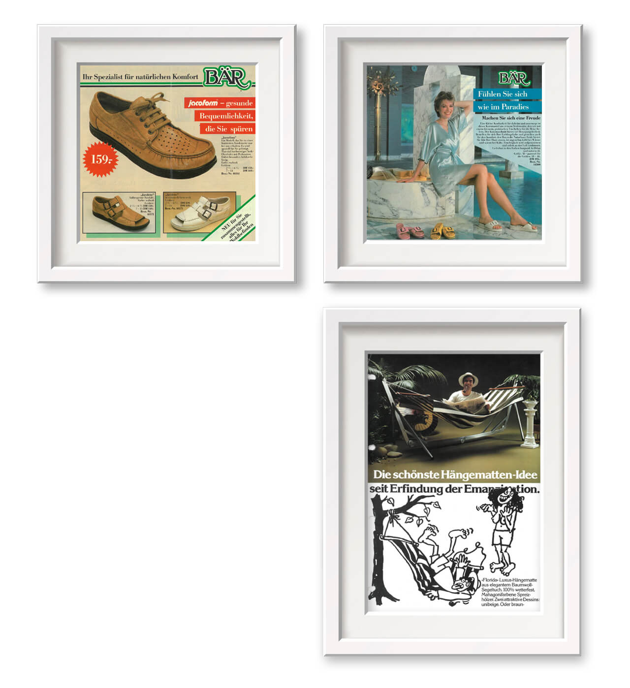 A set of three framed vintage advertisements featuring comfort shoes and a relaxing hammock, showcasing timeless design and style.