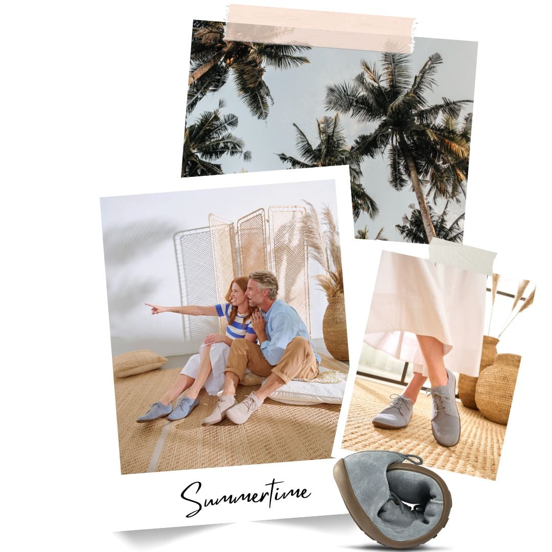 Ein Paar in sommerlicher Kleidung sitzt gemütlich auf einem Teppich, umgeben von Palmen und dekorativen Pflanzen, während sie elegante, graue Schuhe tragen.