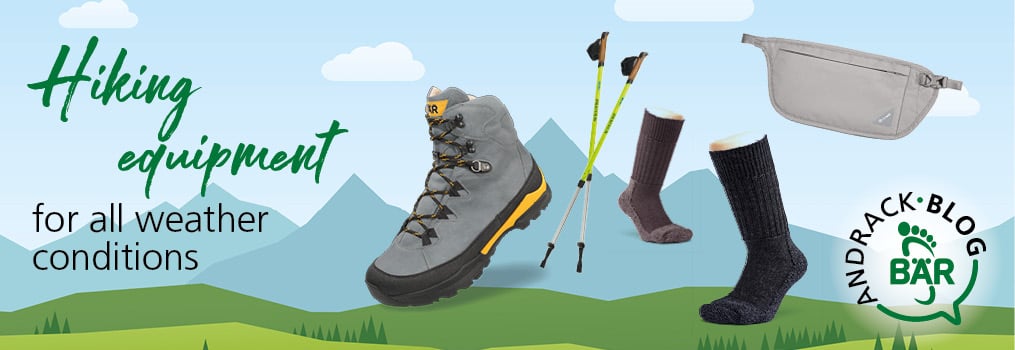 Hiking Gear for All Weather Conditions Collection of hiking equipment including boots, trekking poles, socks, and a waist pouch set against a mountain backdrop with the text 'Hiking equipment for all weather conditions'