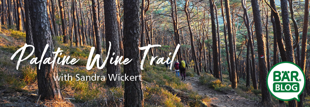 Wanderung auf dem Pfälzer Weinsteig mit Sandra Wickert Zwei Wanderer auf einem Waldweg im Pfälzerwald, umgeben von hohen Bäumen, mit Text 'Palatine Wine Trail with Sandra Wickert' und einem Bär-Blog-Logo.