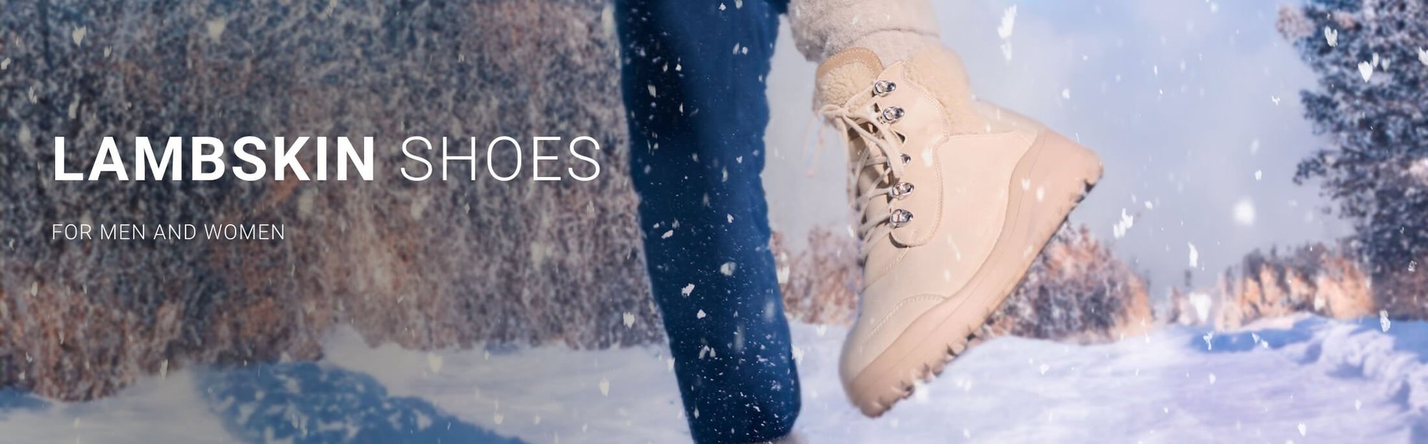 Person wearing beige lambskin boots in snowy landscape