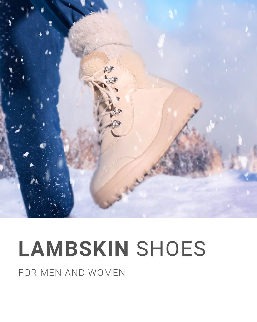 Close-up of lambskin winter boots being worn by a person in the snow