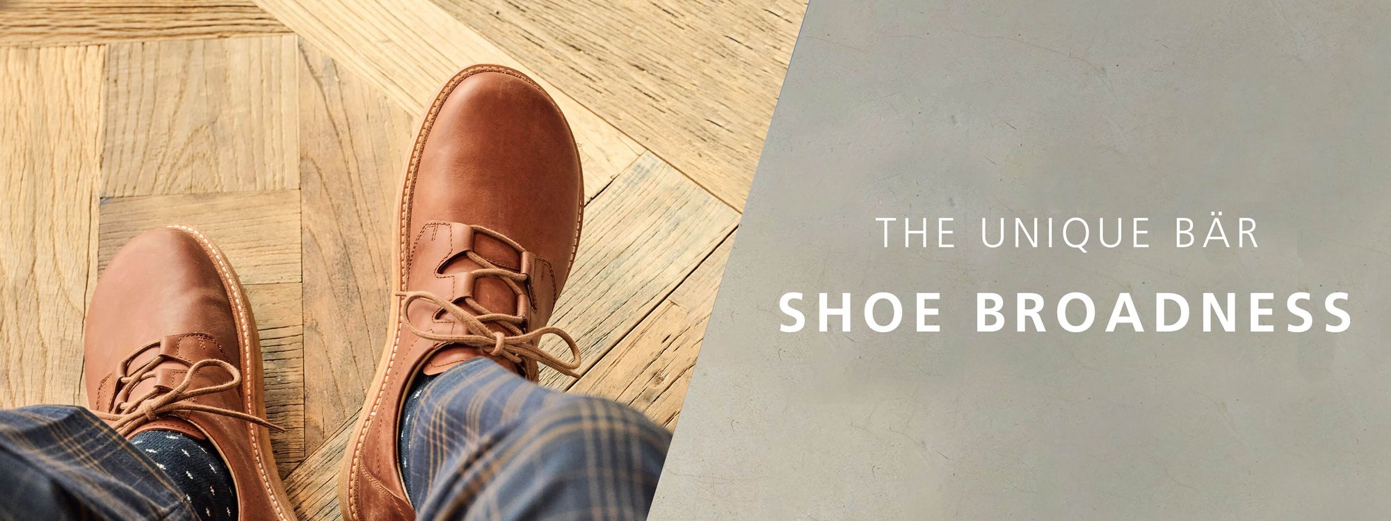 Comfortable brown leather shoes on patterned floor showcasing unique BÄR shoe broadness Person wearing brown leather shoes on a wooden patterned floor with focus on BÄR shoe's broad design and comfort