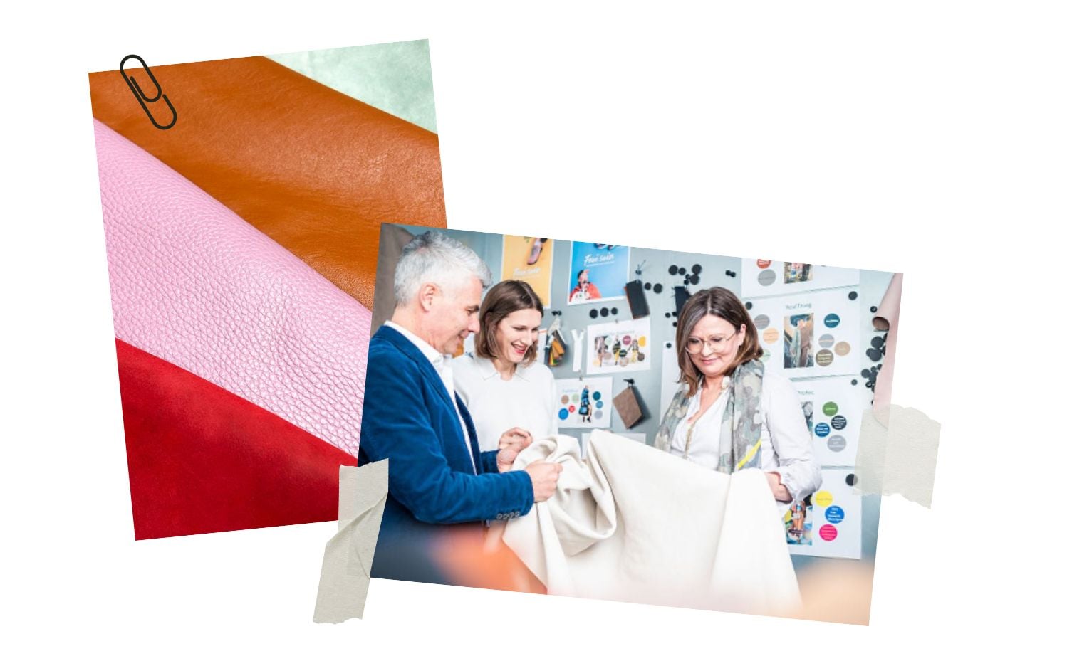 Three people reviewing fabric samples with colorful fabric swatches in the background