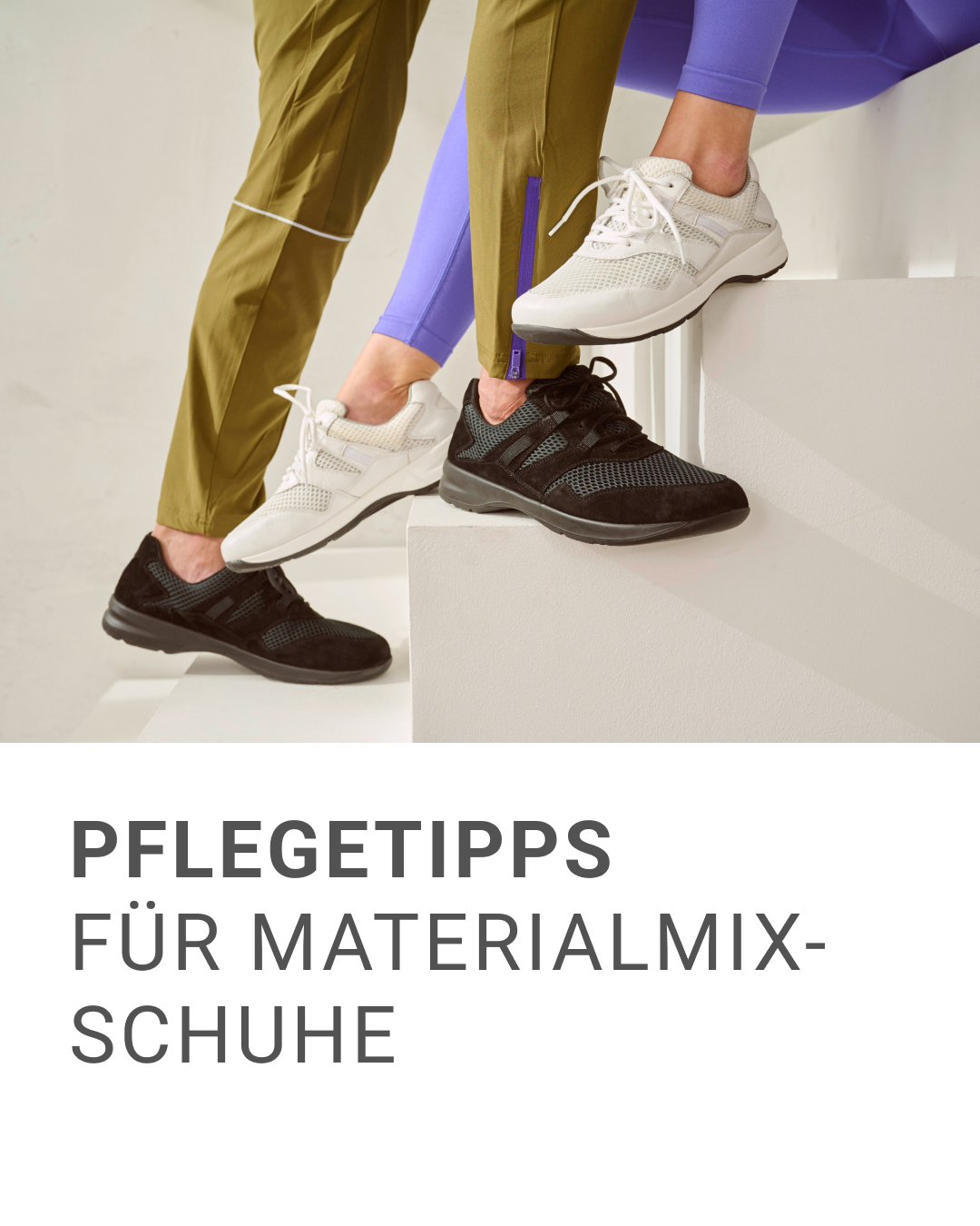 Pflegeleichte Materialmix-Sneaker für jede Gelegenheit Drei Paar Sneaker aus Materialmix, schwarz und weiß, auf Treppenstufen, getragen von Personen in farbigen Hosen.