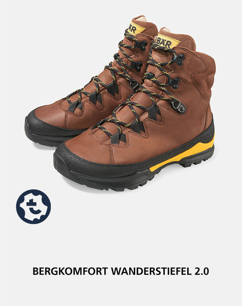 Bergkomfort Wanderstiefel 2.0 - Robuste Wanderschuhe für alle Gelände Braune Bergkomfort Wanderstiefel 2.0 mit gelben Akzenten und festem Profil, ideal für anspruchsvolle Wanderungen.