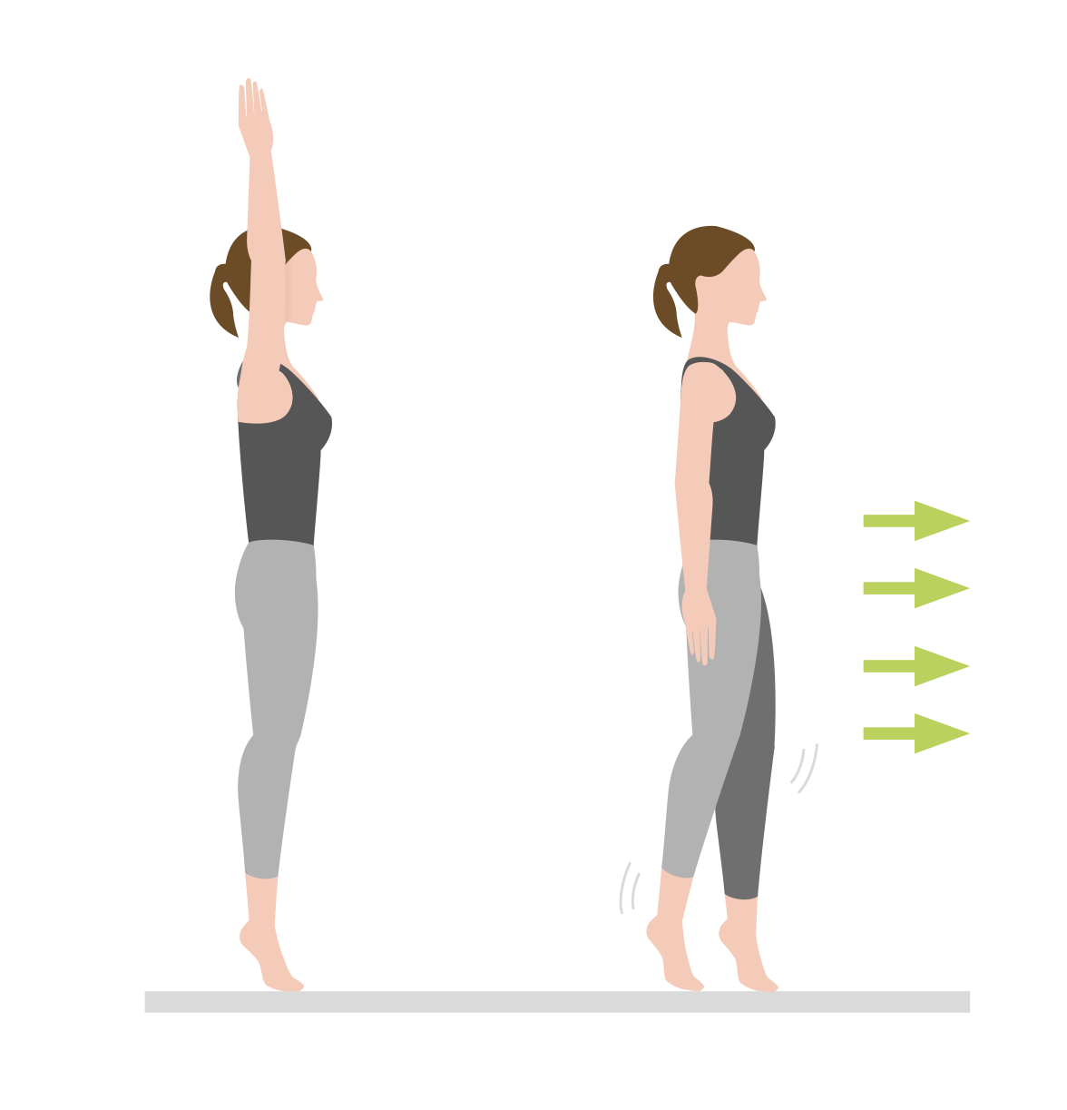 Illustration einer Frau bei Dehnübungen für Gleichgewicht und Flexibilität Grafik einer Frau, die Dehnübungen zur Verbesserung von Gleichgewicht und Flexibilität ausführt, mit Anweisungen für die richtige Haltung