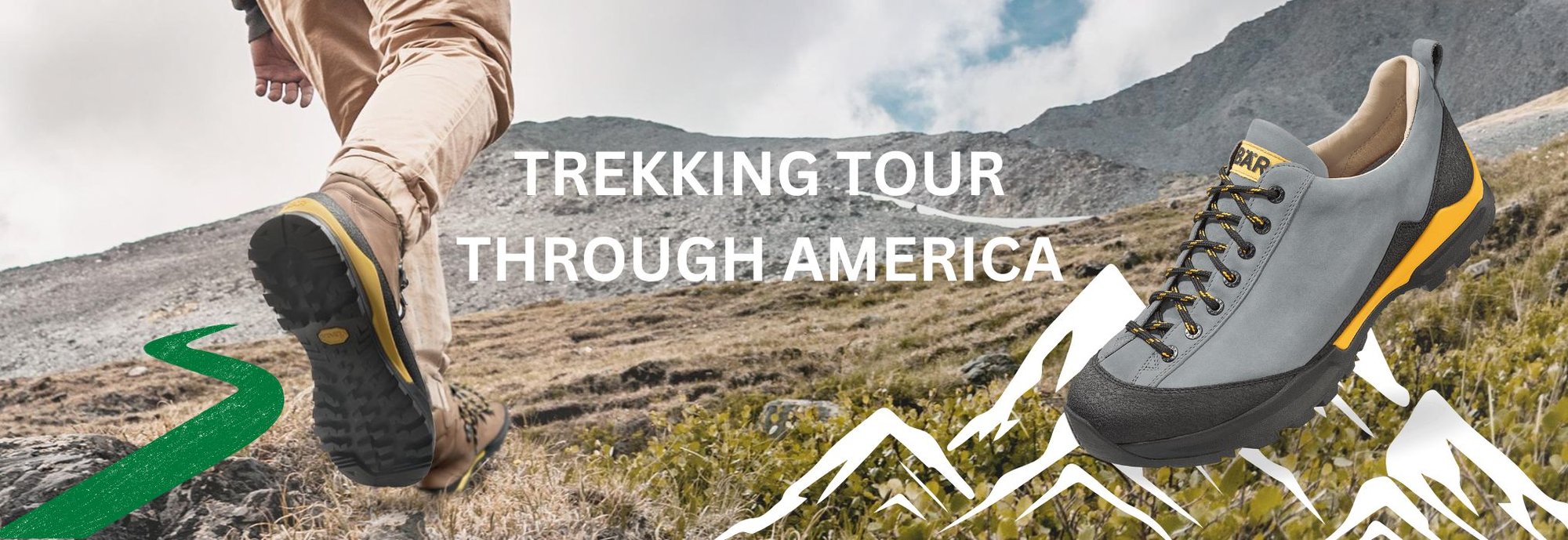 Trekking Tour Through America with Durable Hiking Shoes Close-up of hiking gear and shoes on a mountainous trail with 'Trekking Tour Through America' text