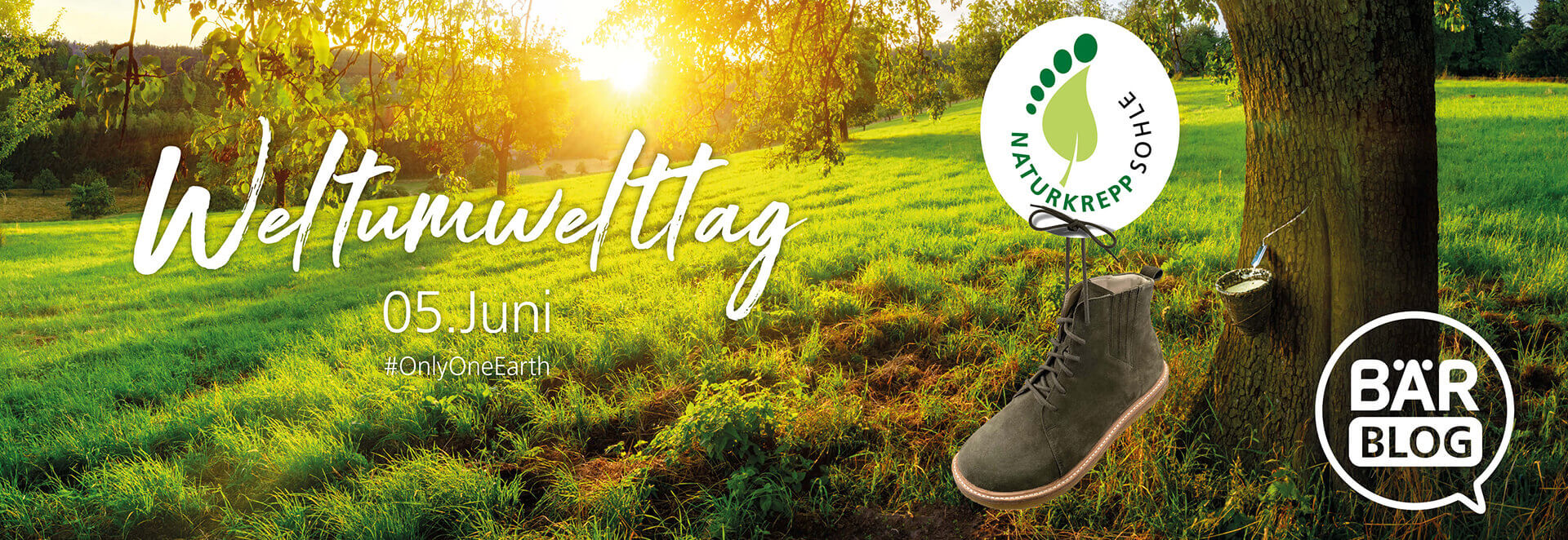 Weltumwelttag mit Naturkrepp-Sohle Schuh am 5. Juni - #OnlyOneEarth Landschaft im Sonnenuntergang mit umweltfreundlichem Schuh und Naturkrepp-Sohle zum Weltumwelttag am 5. Juni