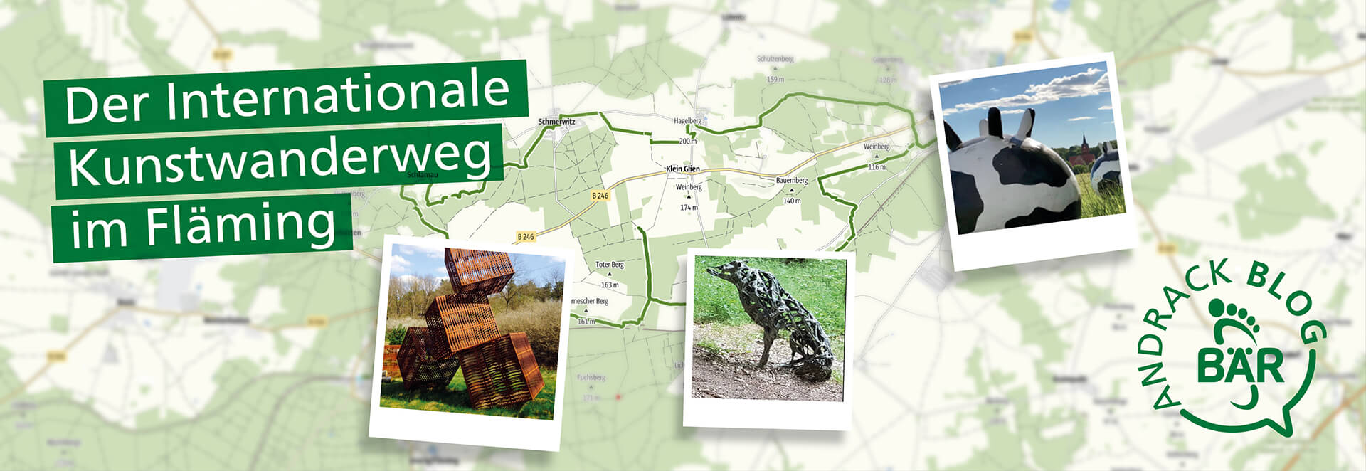 Internationale Kunstwanderweg im Fläming - Entdecken Sie kreative Skulpturen in der Natur Karte des Internationalen Kunstwanderwegs im Fläming mit Fotos von Skulpturen