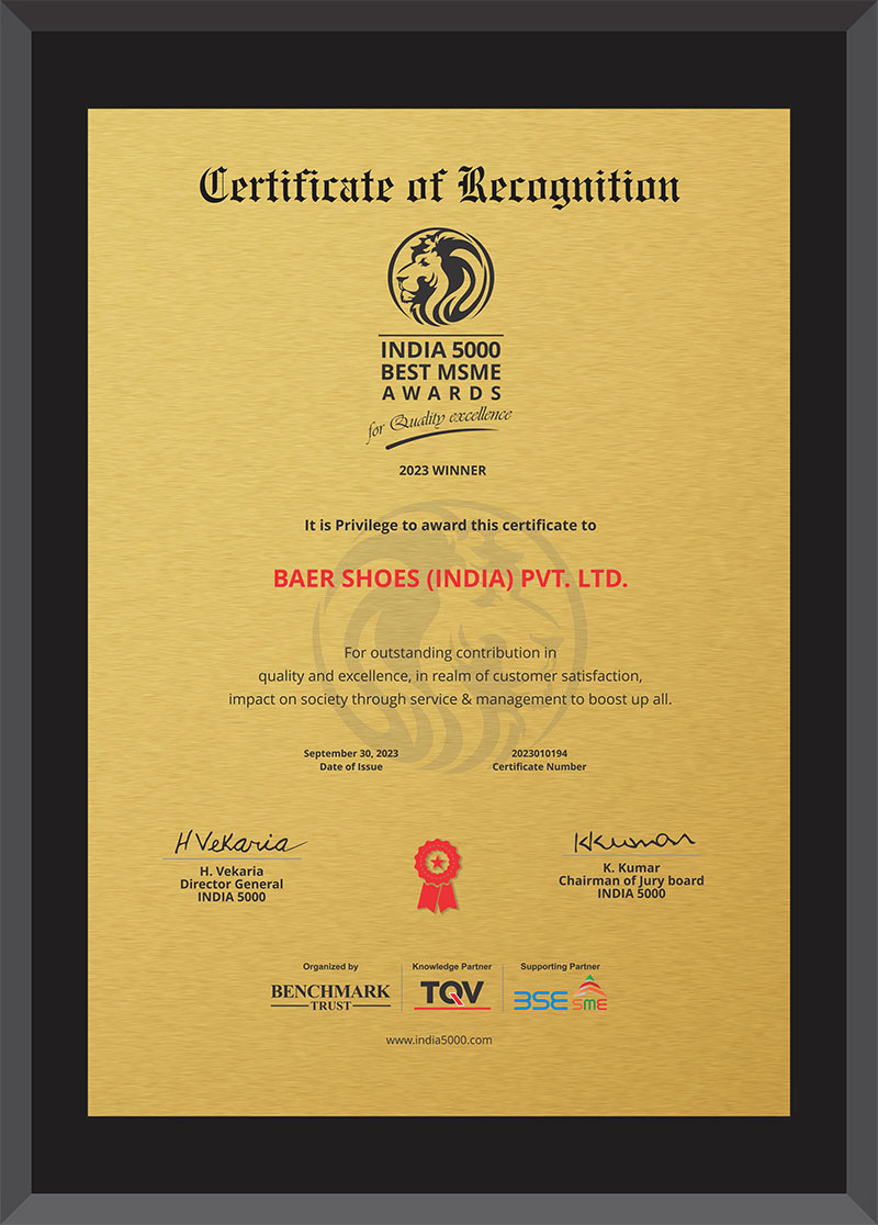 Certificate of Recognition - India 5000 Best MSME Awards 2023 Winner Image of a Certificate of Recognition awarded to Baer Shoes (India) Pvt. Ltd. for excellence in customer satisfaction, issued on September 30, 2023.