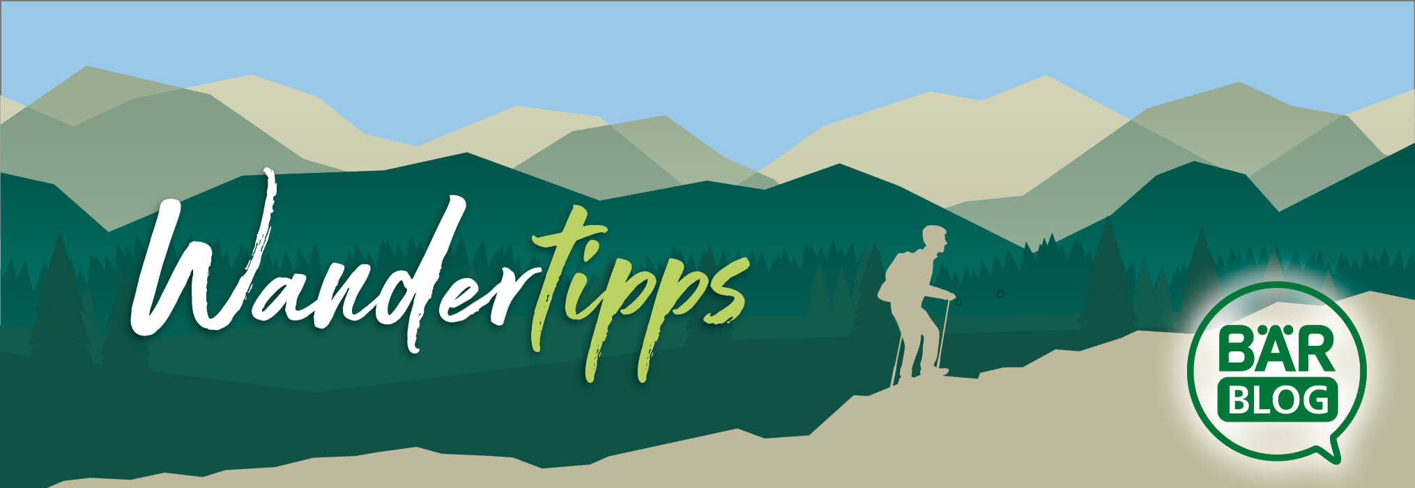 Hiking Tips - Bär Blog Illustration of a hiker walking in the mountains with the text 'Wandertipps' and the Bär Blog logo.