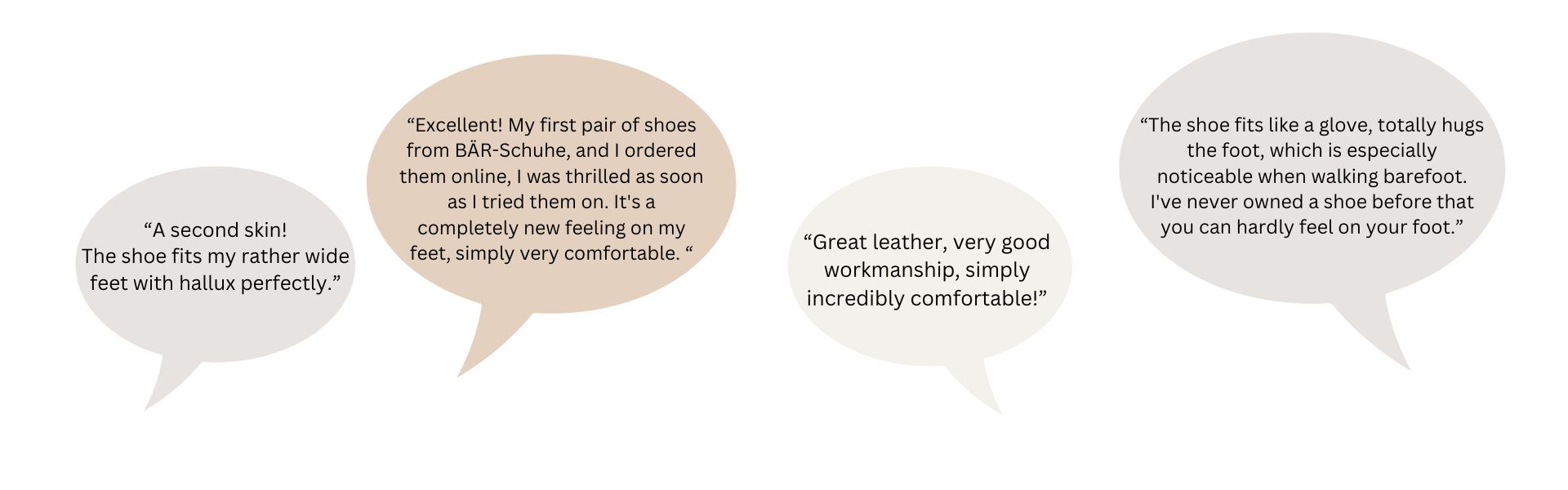Speech bubbles with customer reviews about comfort, fit, and quality of BÄR-Schuhe footwear.