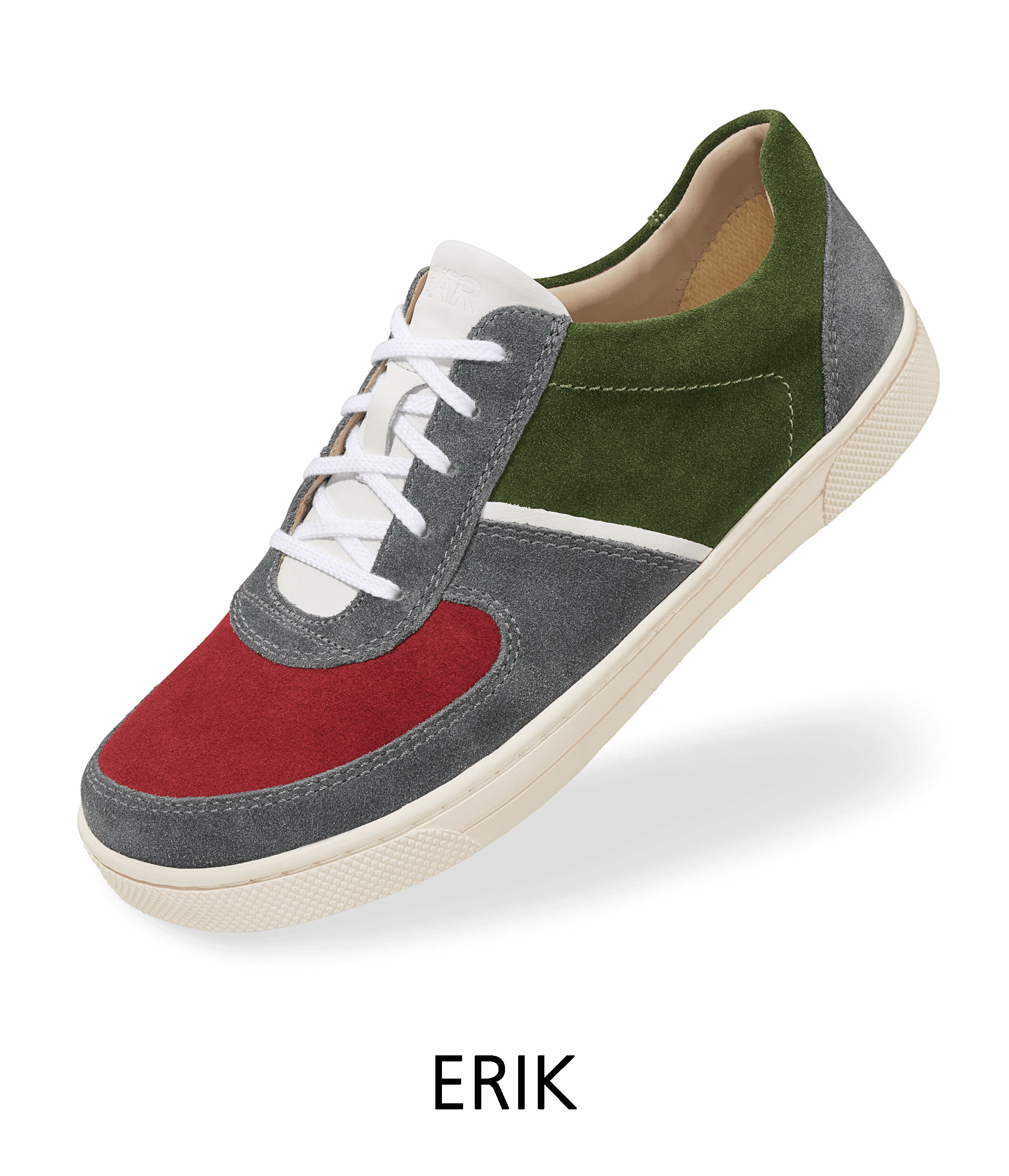 Men's Stylish Multicolor Suede Sneaker Men's multicolor suede sneaker with red, green, and gray panels, white sole, and laces.