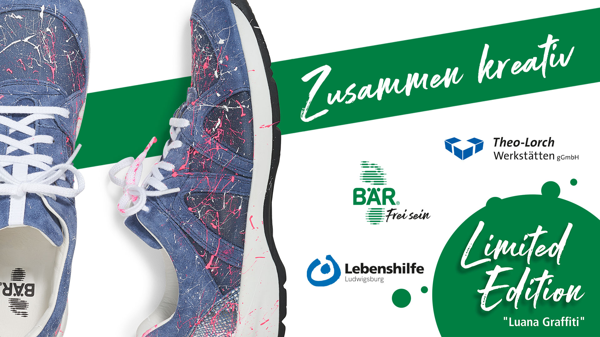 Bär Schuhe Limited Edition 'Luana Graffiti' - Zusammenarbeit mit Theo-Lorch Werkstätten Blau-weiße Sneakers mit pink-weißem Farbmuster, Bär Schuhe und Theo-Lorch Werkstätten Logos, Limited Edition 'Luana Graffiti'