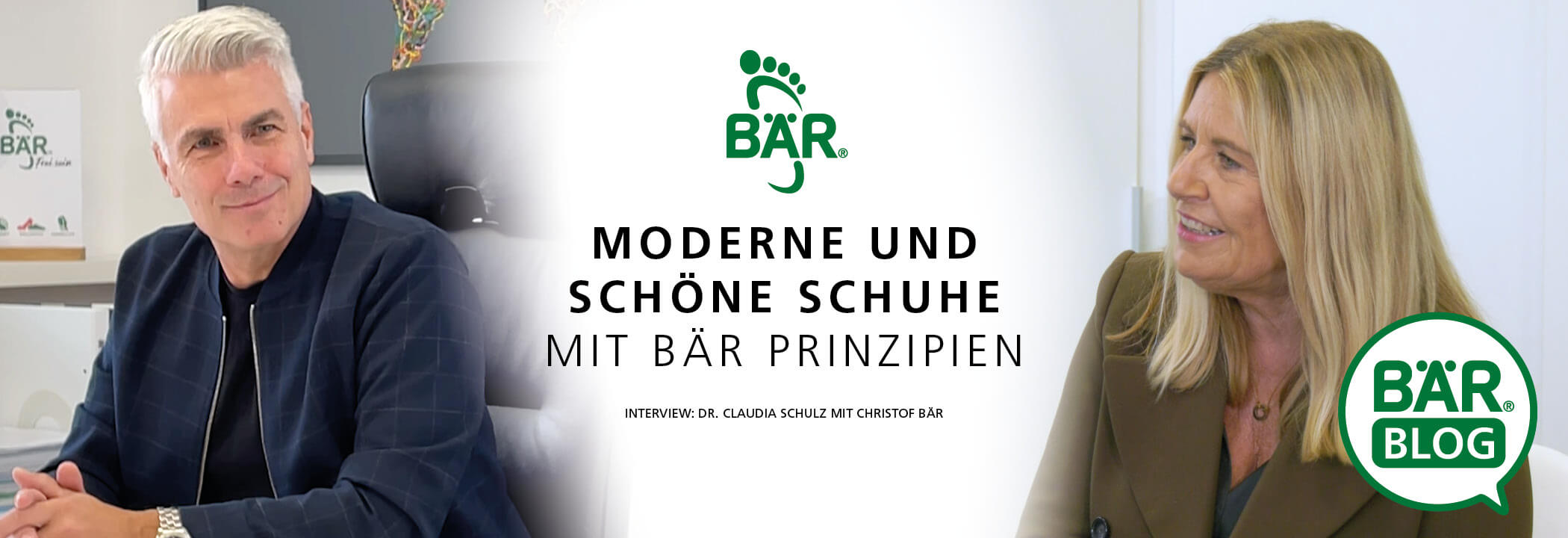 Interview mit Dr. Claudia Schulz und Christof Bär über moderne und schöne Schuhe mit BÄR Prinzipien Dr. Claudia Schulz im Gespräch mit Christof Bär über moderne und komfortable Schuhe auf Basis der BÄR Prinzipien. BÄR Blog Logo im Bild.
